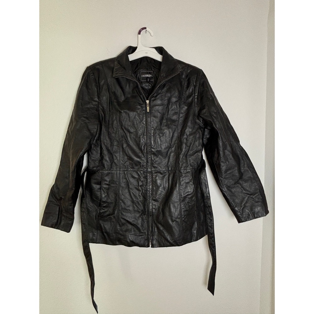 Outbrook Black Leather Jacket Womens Medium Full Zip Belted Mid Length Coat
